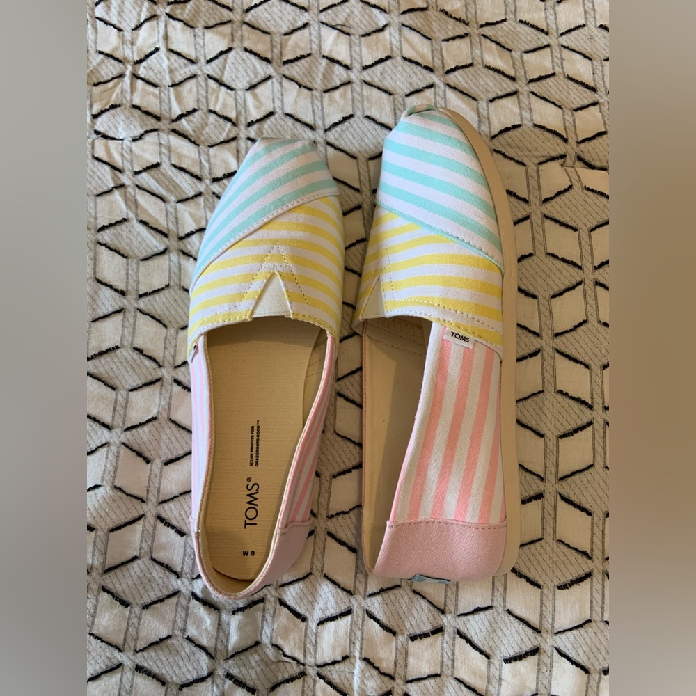 WORN ONCE // Toms Alpargata Slip-ons in Pink, Yellow, and Blue Stripe